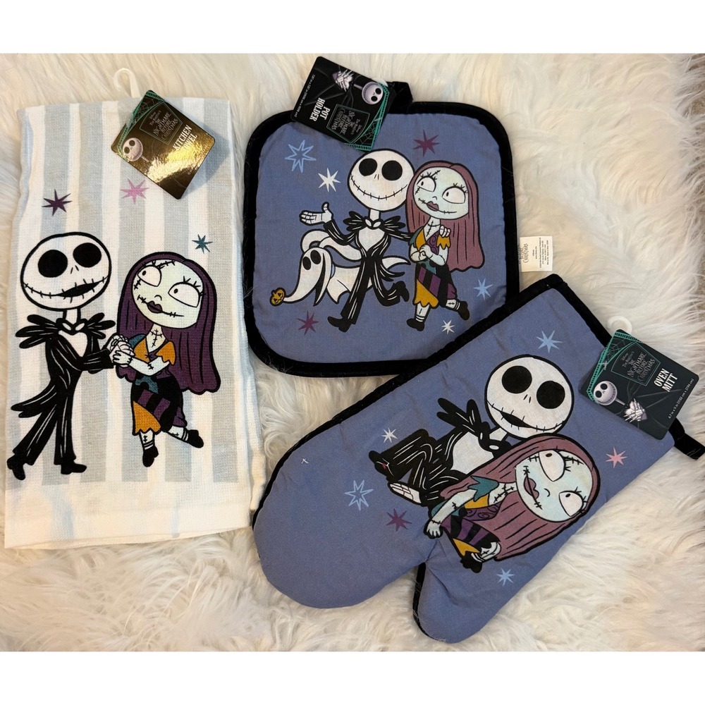 Disney Nightmare Before Christmas Jack Sally Oven Mitt Pot Holder Towel Set NEW